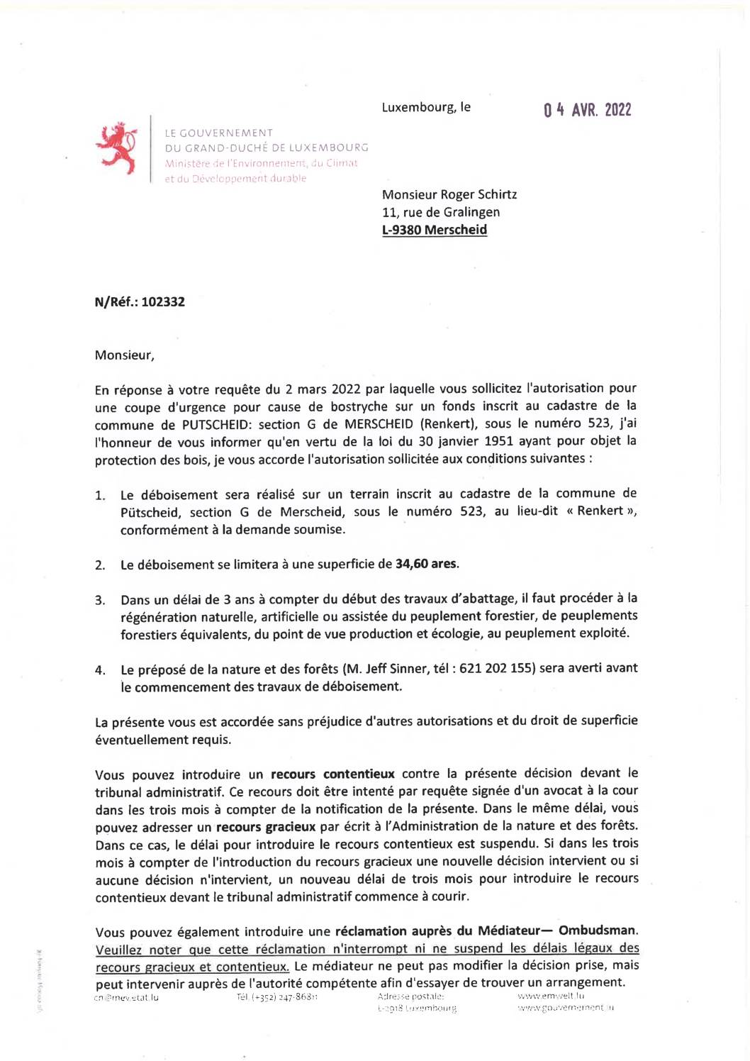 Notification de decision pour le dossier 102332 Coupe d'urgence pour cause de Bostryche - Renkert