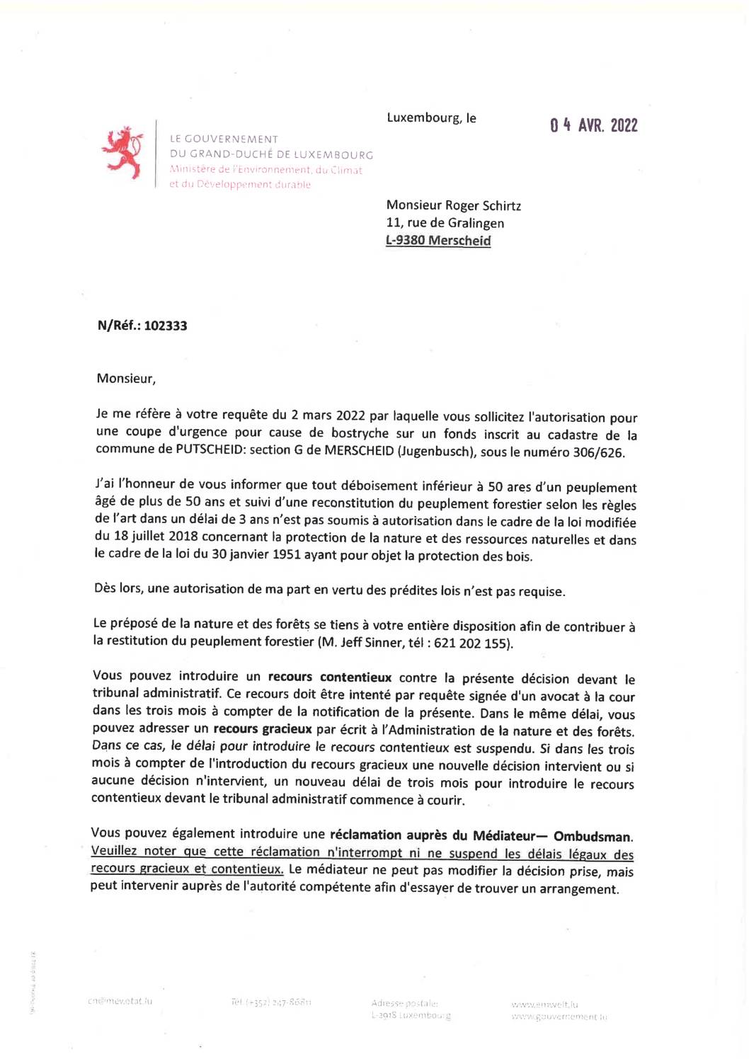 Notification de decision pour le dossier 102333 Coupe d'urgence pour cause de Bostryche - Jugenbusch