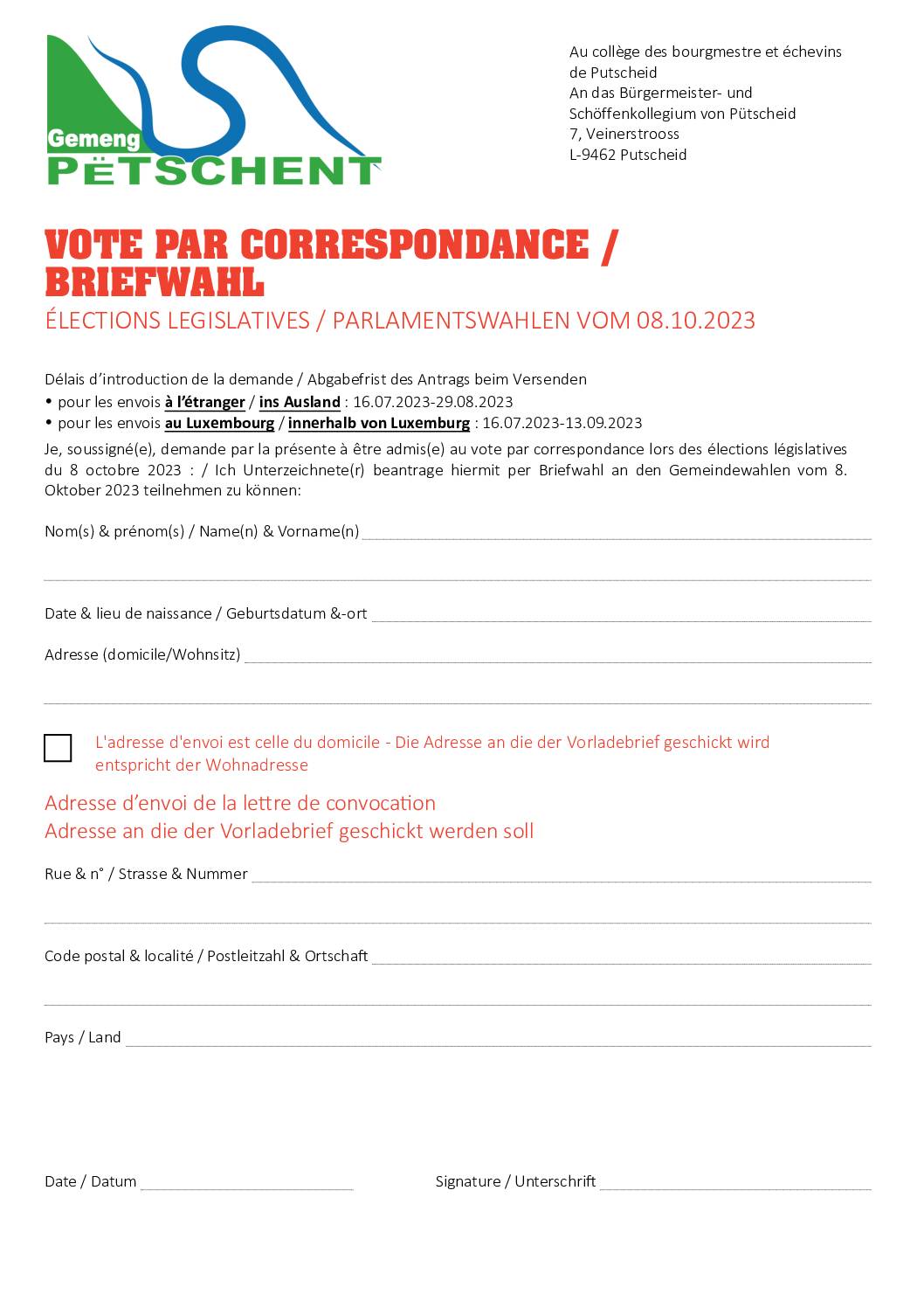 Demande vote par correspondance - Antrag auf Briefwahl 08.10.2023 Elections législatives - Parlamentswahlen